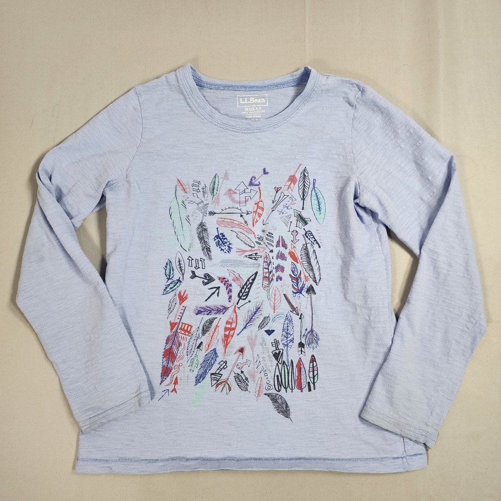 LL Bean Girls M 10-12 Blue Cotton Long Sleeve Feather Arrow Graphic Tee Shirt